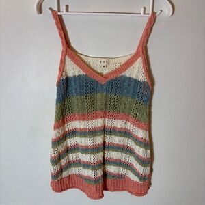 POL Striped Knit V-Neck‎ Tank Top Medium Coral Blue Green Cream Crochet